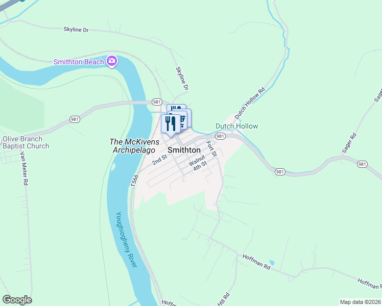 map of restaurants, bars, coffee shops, grocery stores, and more near 323 3rd Street in Smithton