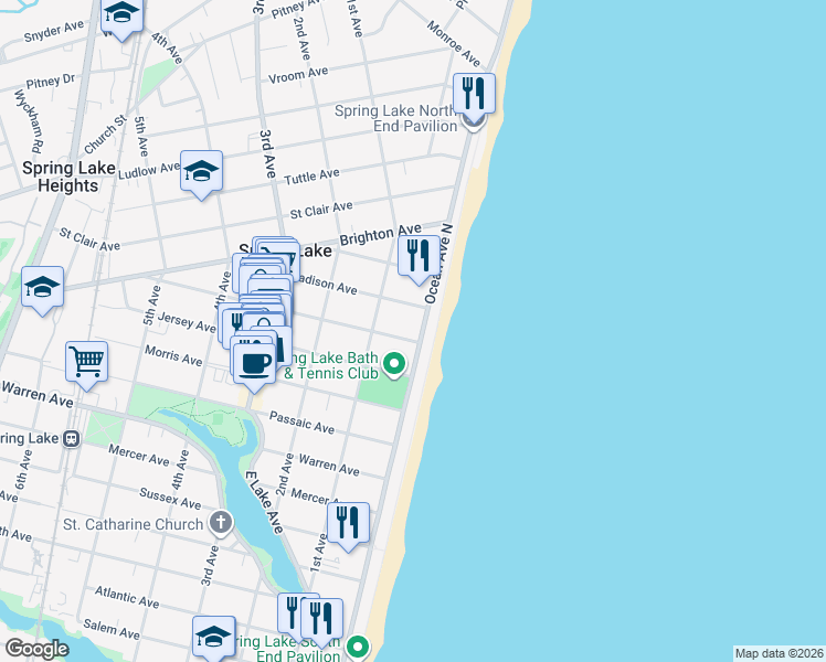 map of restaurants, bars, coffee shops, grocery stores, and more near 1401 Ocean Avenue North in Spring Lake