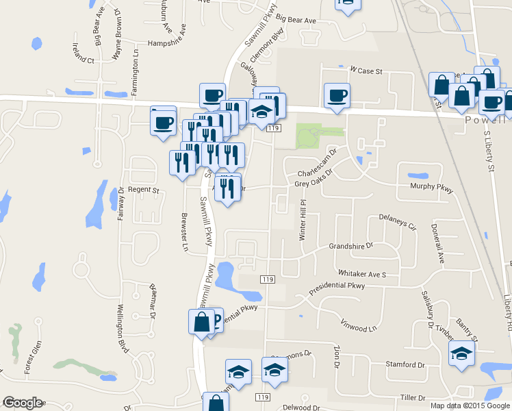 map of restaurants, bars, coffee shops, grocery stores, and more near 3751 Attucks Dr in Powell
