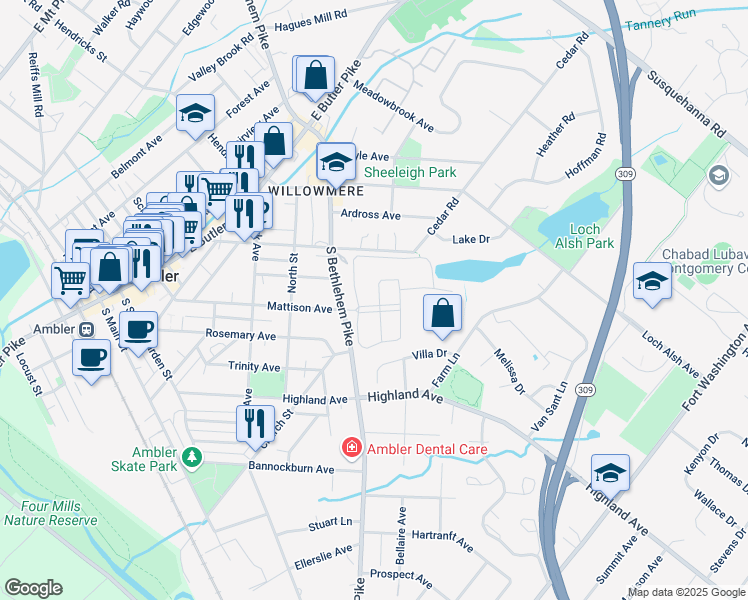map of restaurants, bars, coffee shops, grocery stores, and more near 800 Grayson Lane in Ambler