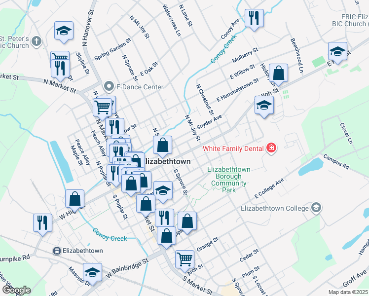 map of restaurants, bars, coffee shops, grocery stores, and more near 319 East High Street in Elizabethtown