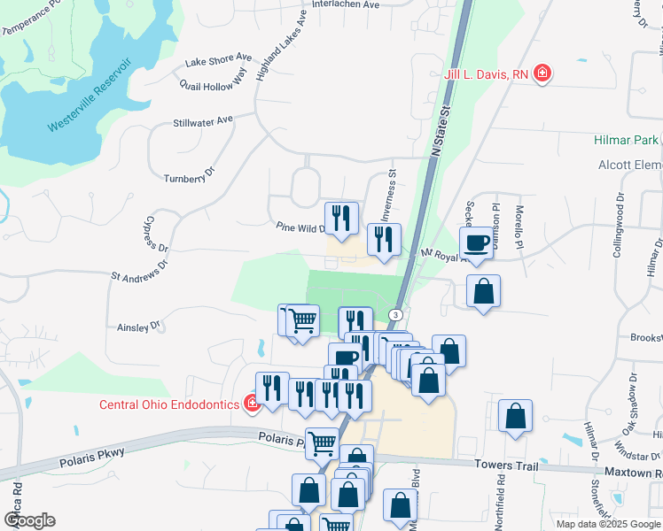 map of restaurants, bars, coffee shops, grocery stores, and more near 5890 Chandler Court in Westerville