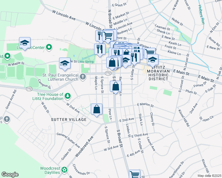 map of restaurants, bars, coffee shops, grocery stores, and more near 19 West Lemon Street in Lititz