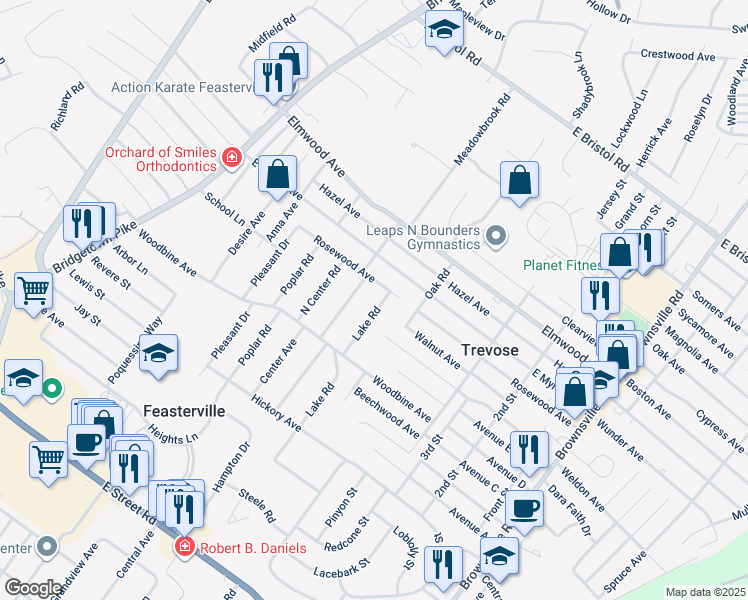 map of restaurants, bars, coffee shops, grocery stores, and more near 1608 Lake Road in Trevose