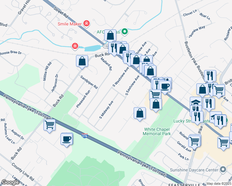 map of restaurants, bars, coffee shops, grocery stores, and more near 101 South Midway Avenue in Feasterville-Trevose