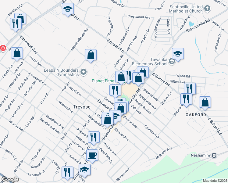 map of restaurants, bars, coffee shops, grocery stores, and more near 515 Andrews Road in Feasterville-Trevose