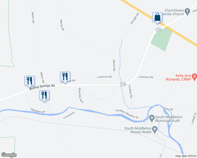 map of restaurants, bars, coffee shops, grocery stores, and more near 1477 Lutztown Road in Boiling Springs