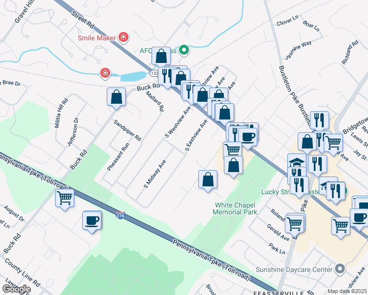 map of restaurants, bars, coffee shops, grocery stores, and more near 101 Waycross Avenue in Feasterville-Trevose