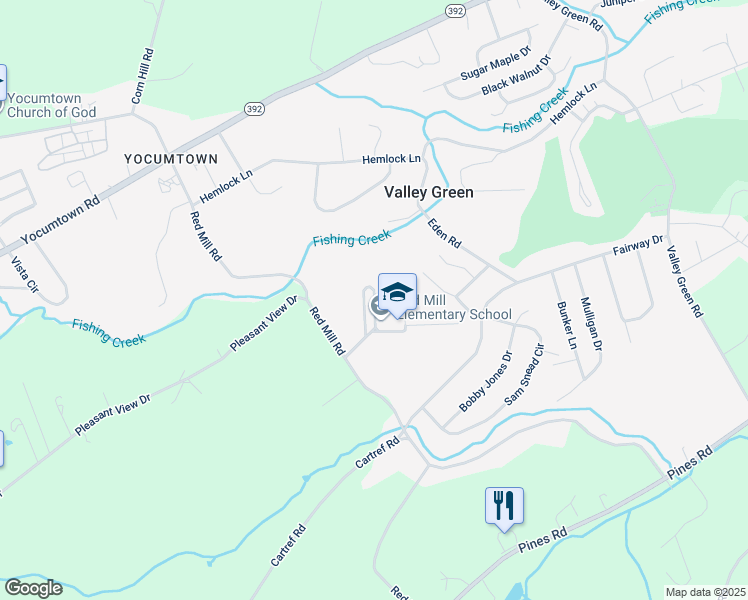 map of restaurants, bars, coffee shops, grocery stores, and more near Pines Road in York County