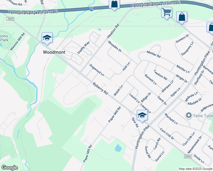 map of restaurants, bars, coffee shops, grocery stores, and more near 1427 Byberry Road in Montgomery