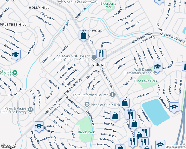 map of restaurants, bars, coffee shops, grocery stores, and more near 392 Stonybrook Dr in Levittown