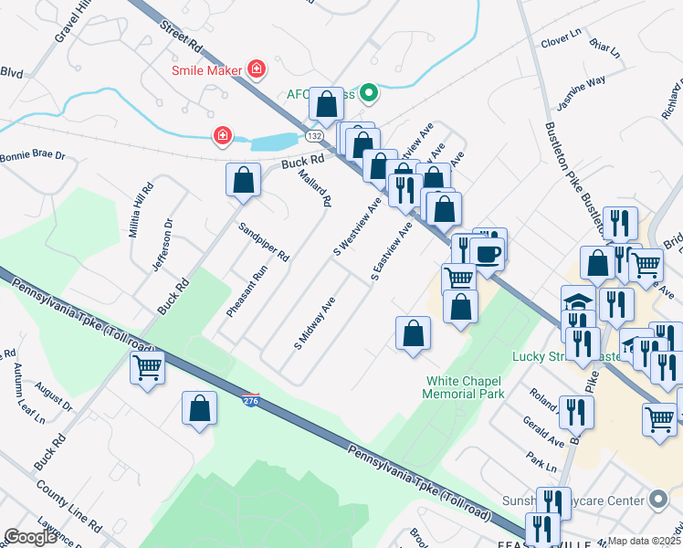 map of restaurants, bars, coffee shops, grocery stores, and more near 101 South Midway Avenue in Feasterville-Trevose