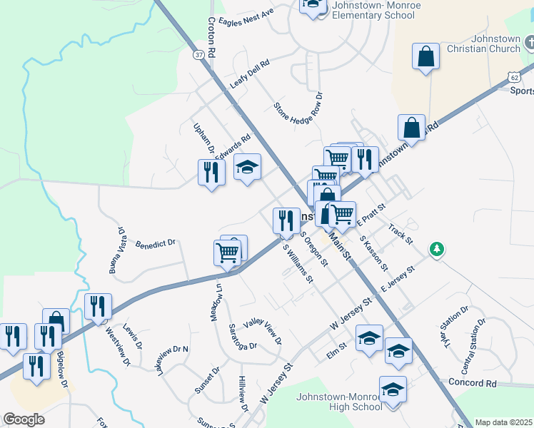 map of restaurants, bars, coffee shops, grocery stores, and more near 98 North Williams Street in Johnstown
