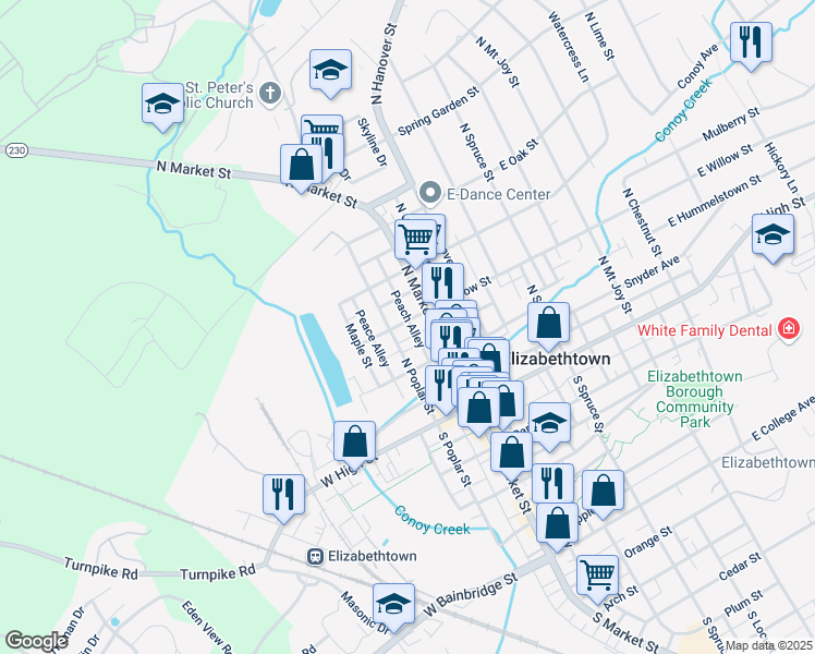 map of restaurants, bars, coffee shops, grocery stores, and more near 130 North Market Street in Elizabethtown