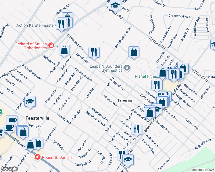 map of restaurants, bars, coffee shops, grocery stores, and more near 403 East Myrtle Avenue in Trevose