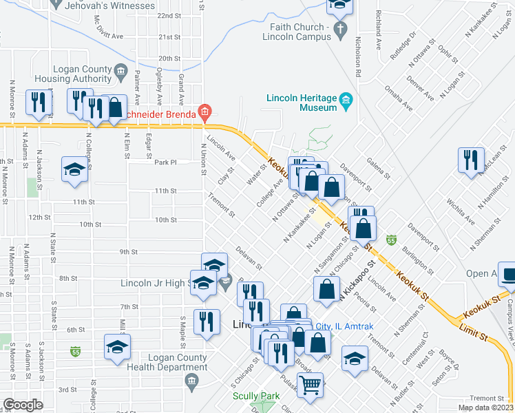 map of restaurants, bars, coffee shops, grocery stores, and more near 501 College Avenue in Lincoln