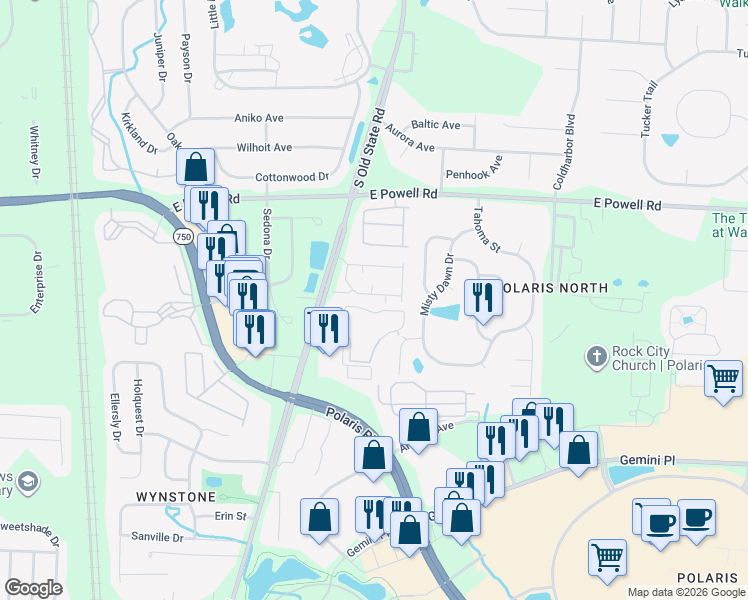 map of restaurants, bars, coffee shops, grocery stores, and more near 899 Polaris Grand Drive in Columbus