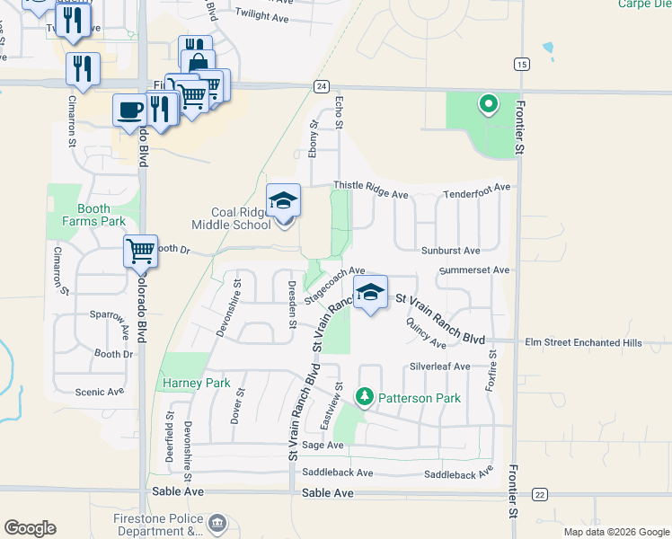 map of restaurants, bars, coffee shops, grocery stores, and more near 6530 Stagecoach Avenue in Longmont