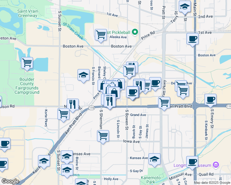 map of restaurants, bars, coffee shops, grocery stores, and more near 1265 Ken Pratt Boulevard in Longmont