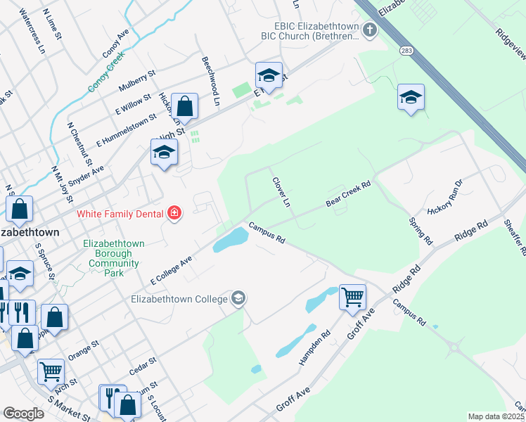 map of restaurants, bars, coffee shops, grocery stores, and more near 1006 East College Avenue in Elizabethtown