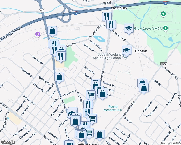 map of restaurants, bars, coffee shops, grocery stores, and more near 612 Brooks Street in Willow Grove