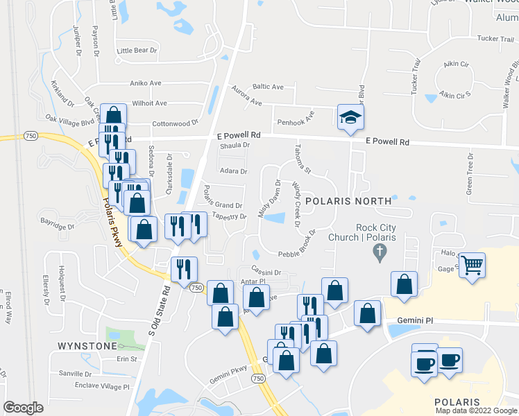 map of restaurants, bars, coffee shops, grocery stores, and more near 9129 Misty Dawn Drive in Columbus