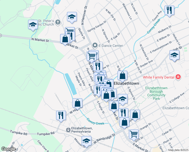 map of restaurants, bars, coffee shops, grocery stores, and more near 144 North Market Street in Elizabethtown