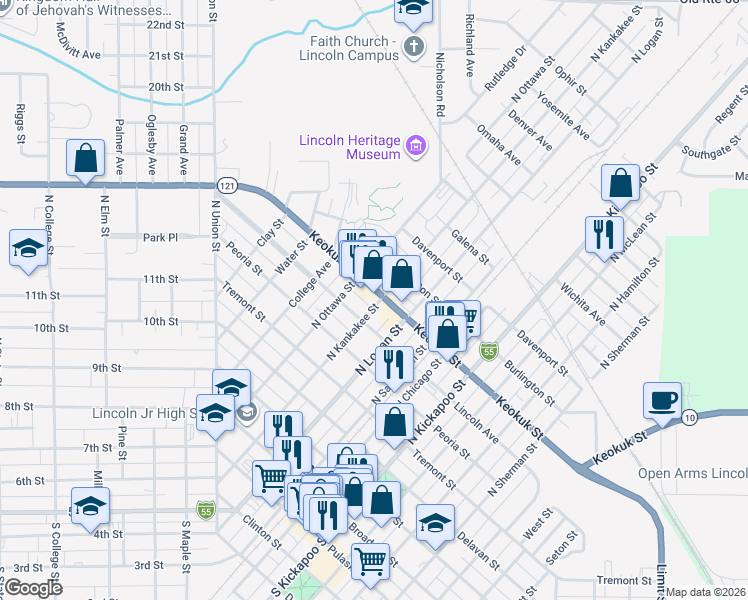 map of restaurants, bars, coffee shops, grocery stores, and more near 612-622 N Kankakee St in Lincoln
