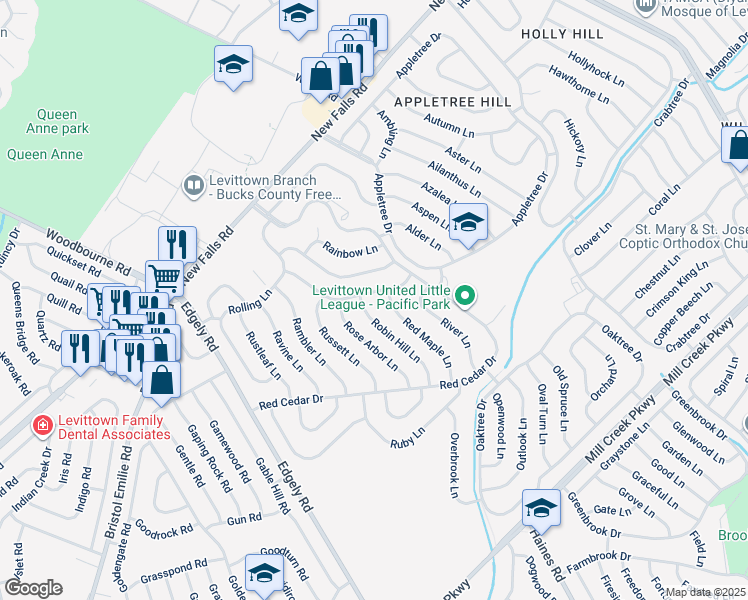map of restaurants, bars, coffee shops, grocery stores, and more near 27 Ridge Lane in Levittown
