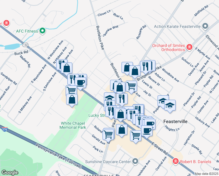 map of restaurants, bars, coffee shops, grocery stores, and more near 1134 Bustleton Pike in Feasterville-Trevose