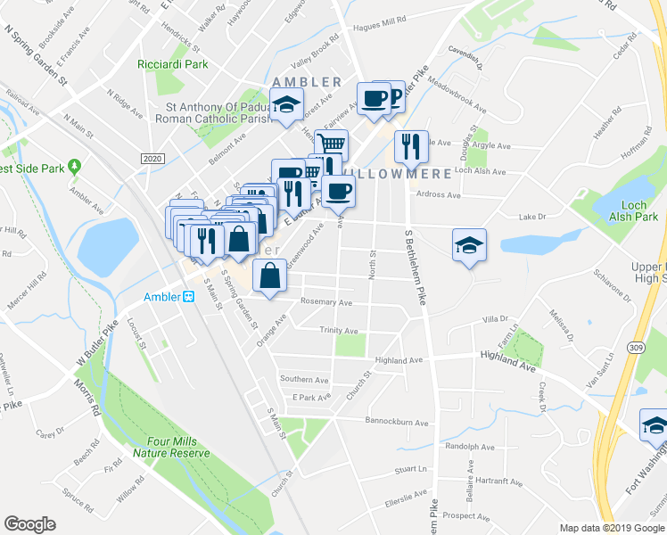 map of restaurants, bars, coffee shops, grocery stores, and more near 224 Mattison Avenue in Ambler
