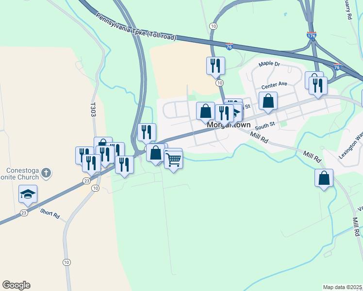 map of restaurants, bars, coffee shops, grocery stores, and more near 2940 South Street in Morgantown