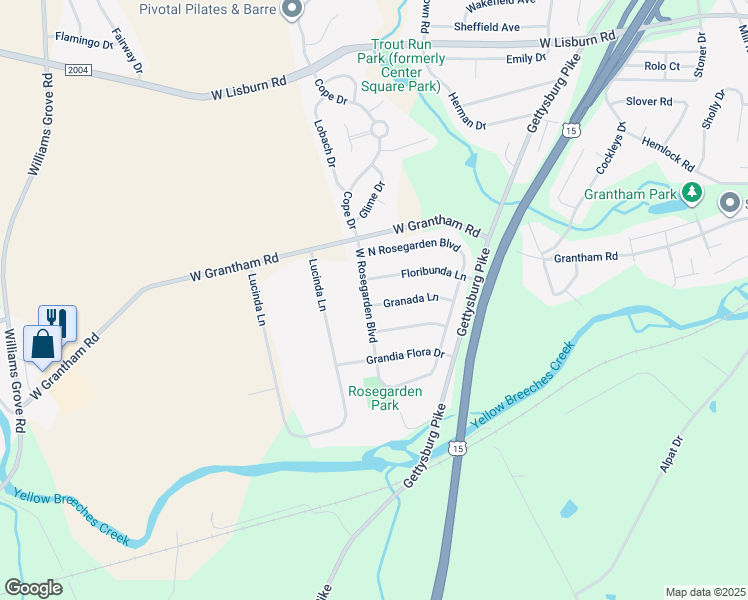 map of restaurants, bars, coffee shops, grocery stores, and more near 1122 Granada Lane in Mechanicsburg