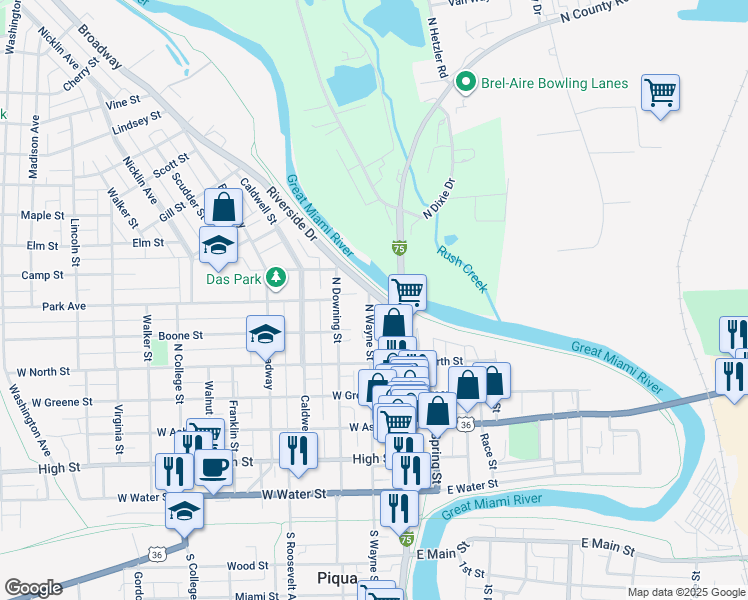map of restaurants, bars, coffee shops, grocery stores, and more near 726 North Wayne Street in Piqua