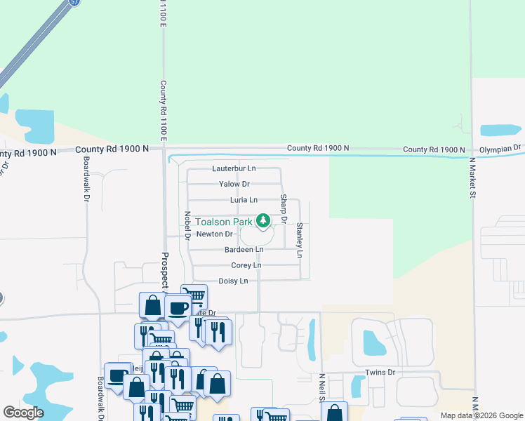 map of restaurants, bars, coffee shops, grocery stores, and more near 503 Krebs Drive in Champaign