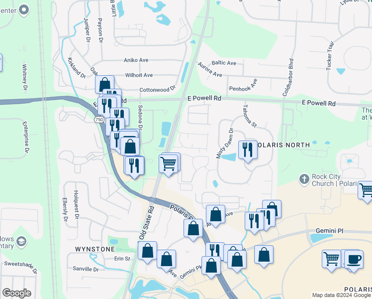 map of restaurants, bars, coffee shops, grocery stores, and more near 877 Polaris Grand Drive in Columbus