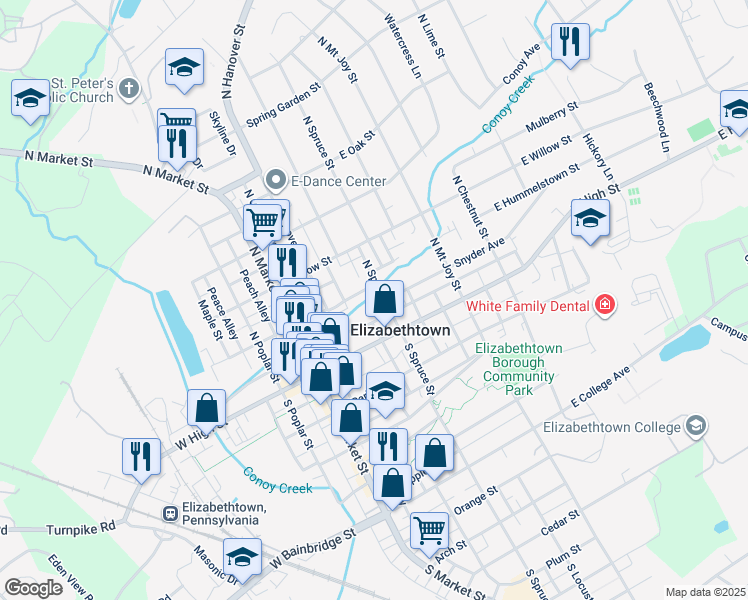 map of restaurants, bars, coffee shops, grocery stores, and more near 48 North Spruce Street in Elizabethtown