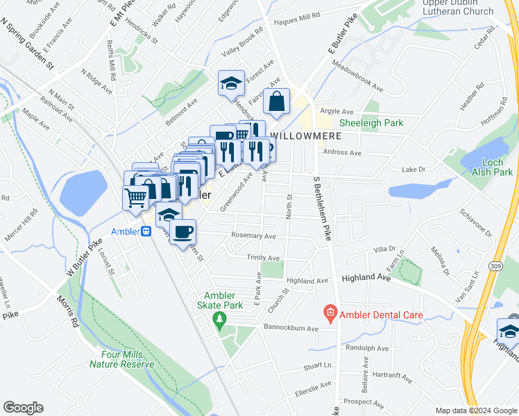map of restaurants, bars, coffee shops, grocery stores, and more near 150 East Park Avenue in Ambler