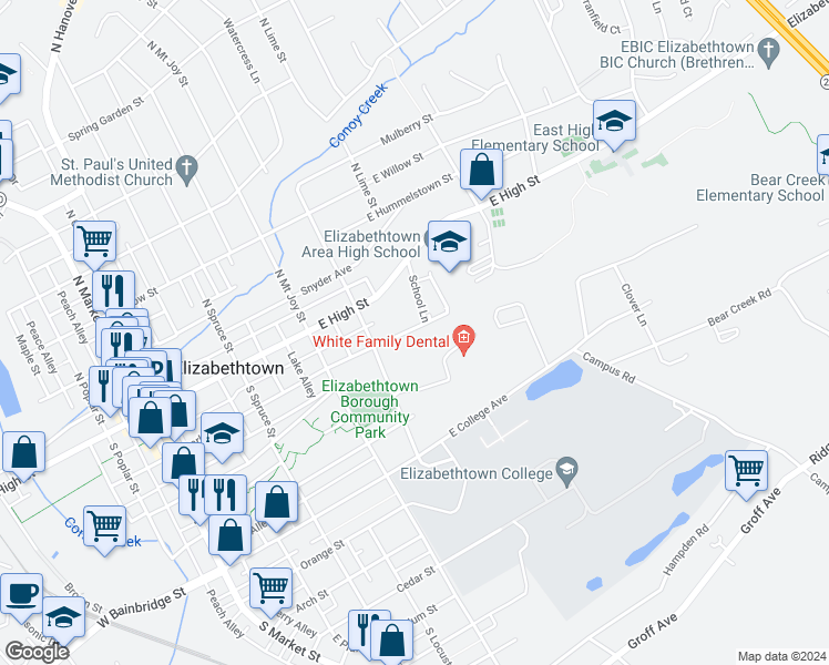 map of restaurants, bars, coffee shops, grocery stores, and more near 528 East Park Street in Elizabethtown