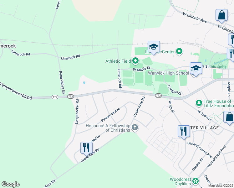 map of restaurants, bars, coffee shops, grocery stores, and more near 9 Stoneridge Lane in Lititz