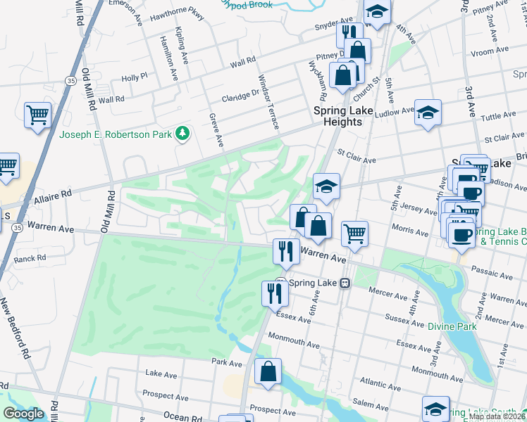 map of restaurants, bars, coffee shops, grocery stores, and more near 36 Walnut Drive in Spring Lake