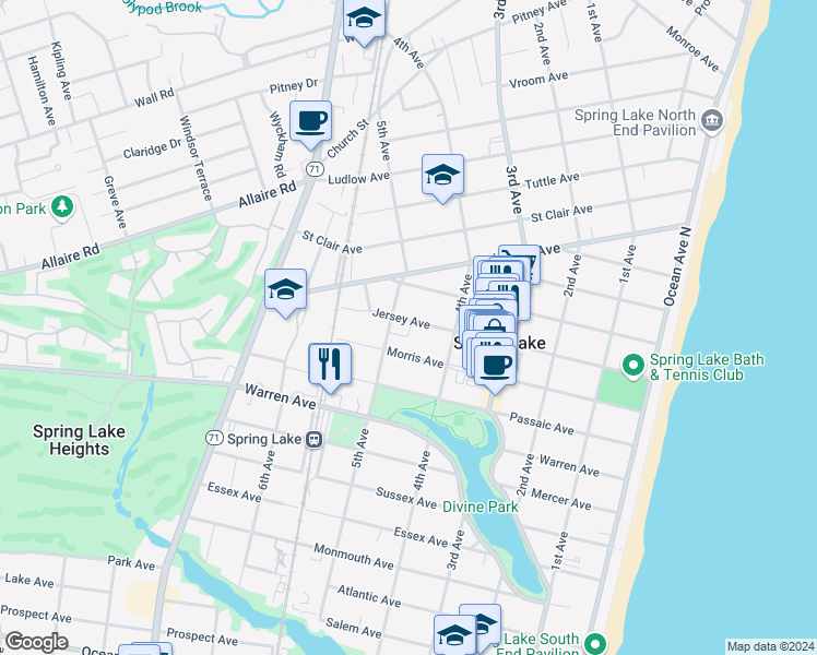 map of restaurants, bars, coffee shops, grocery stores, and more near 419 Jersey Avenue in Spring Lake