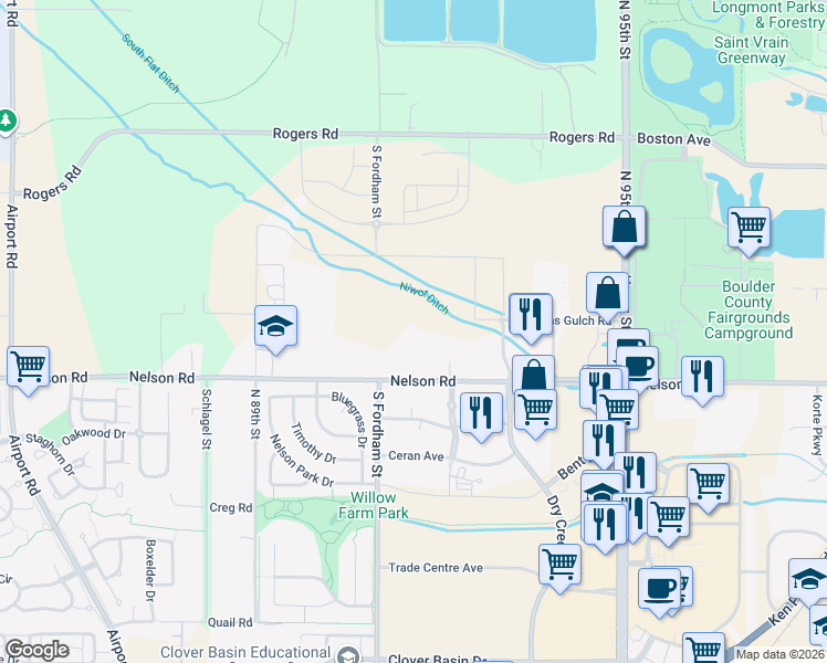 map of restaurants, bars, coffee shops, grocery stores, and more near 2950 Nelson Road in Longmont