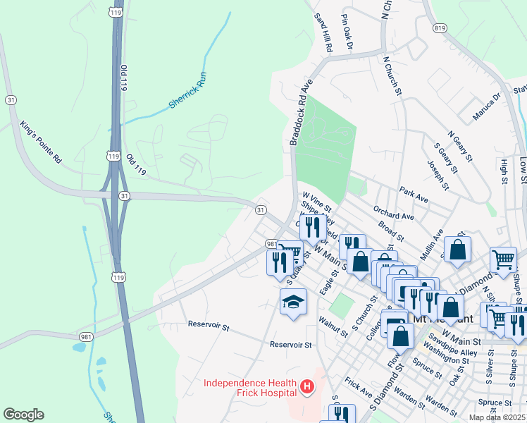 map of restaurants, bars, coffee shops, grocery stores, and more near 2197 West Main Street in Mount Pleasant