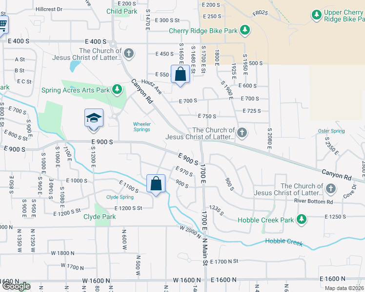map of restaurants, bars, coffee shops, grocery stores, and more near 894 South 1650 East in Springville