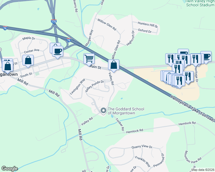 map of restaurants, bars, coffee shops, grocery stores, and more near 209 Laurel Court in Morgantown