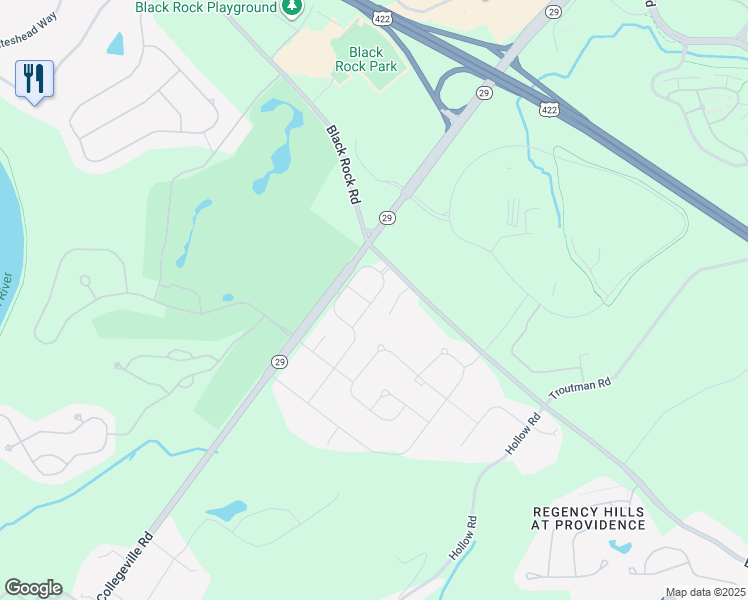 map of restaurants, bars, coffee shops, grocery stores, and more near 134 Providence Circle in Collegeville