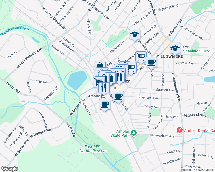 map of restaurants, bars, coffee shops, grocery stores, and more near 14 East Butler Avenue in Ambler