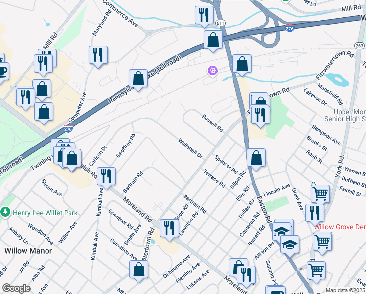 map of restaurants, bars, coffee shops, grocery stores, and more near 3350 Whitehall Drive in Willow Grove