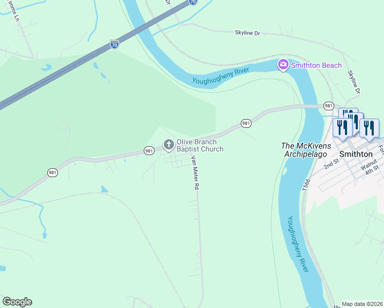 map of restaurants, bars, coffee shops, grocery stores, and more near 300 Pennsylvania 981 in Belle Vernon